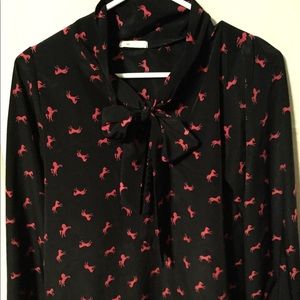 UO Everly Blue Pink horse Tie Blouse